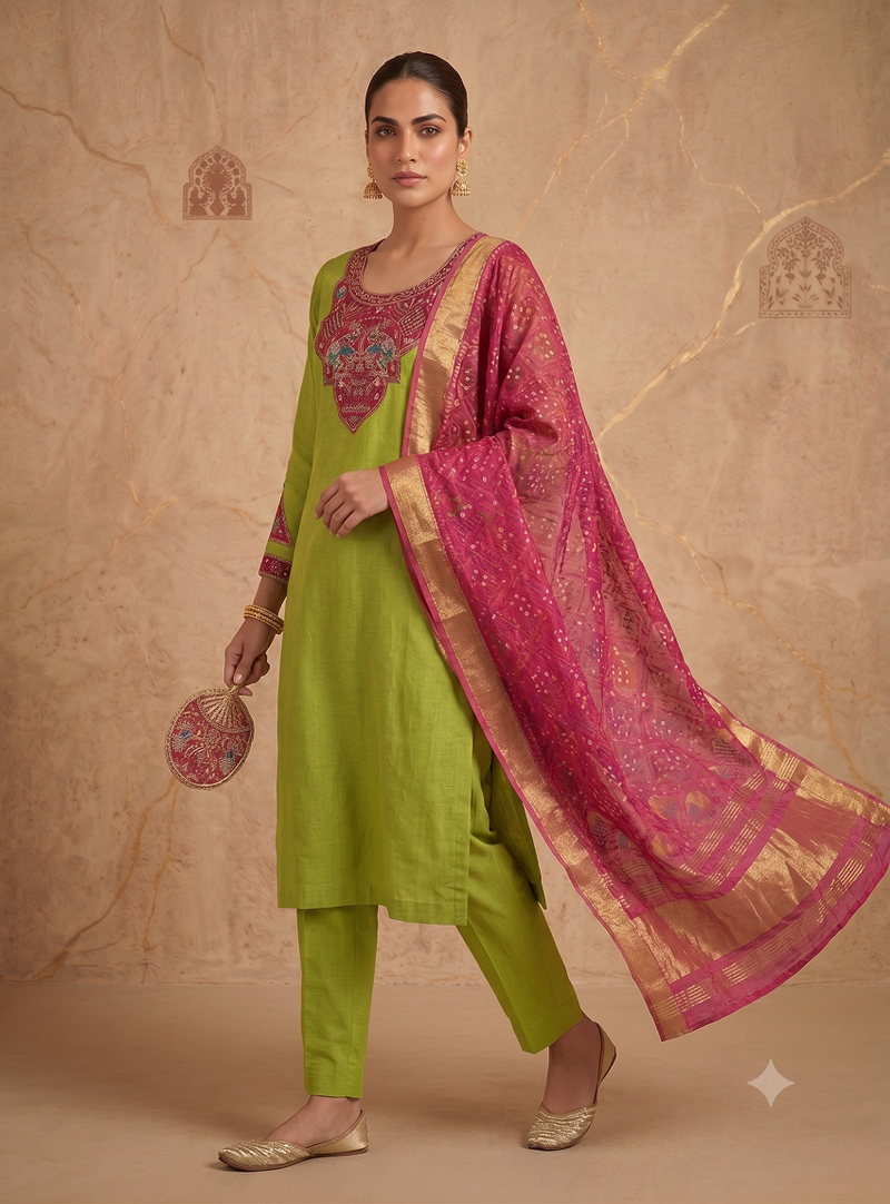 Women lime green embroidered straight kurta with rani pink dupatta and pant set