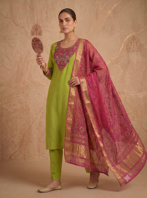 Women lime green embroidered straight kurta with rani pink dupatta and pant set 3