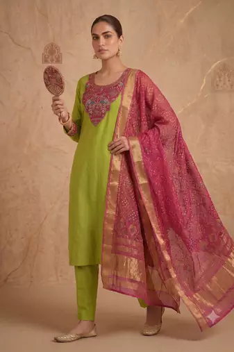 Women lime green embroidered straight kurta with rani pink dupatta and pant set