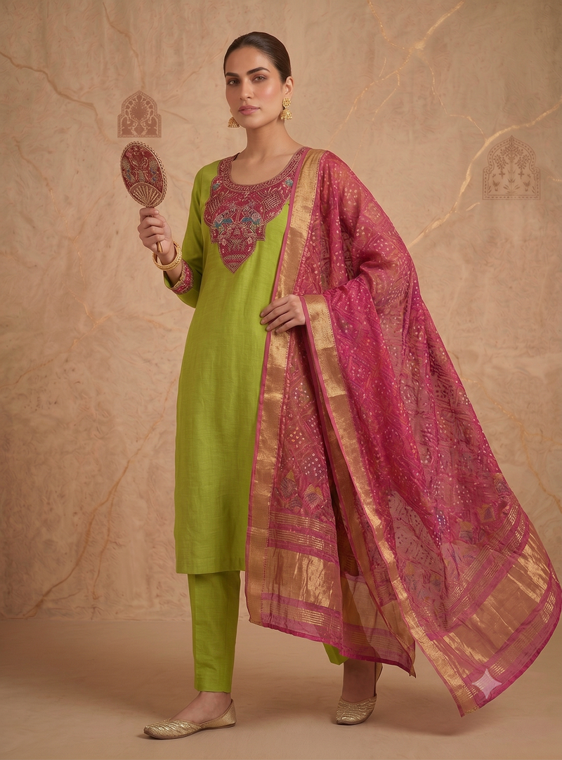 Women lime green embroidered straight kurta with rani pink dupatta and pant set