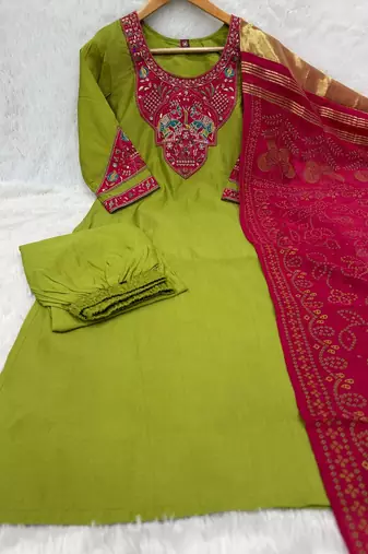 Women lime green embroidered straight kurta with rani pink dupatta and pant set