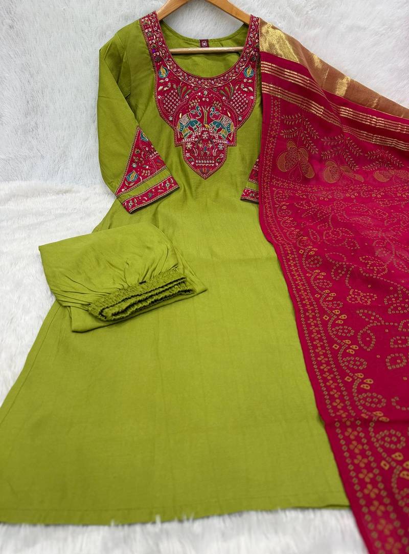 Women lime green embroidered straight kurta with rani pink dupatta and pant set