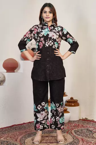 Women chocolate brown floral printed shirt and trousers co-ord set