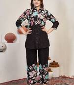 Women chocolate brown floral printed shirt and trousers co-ord set