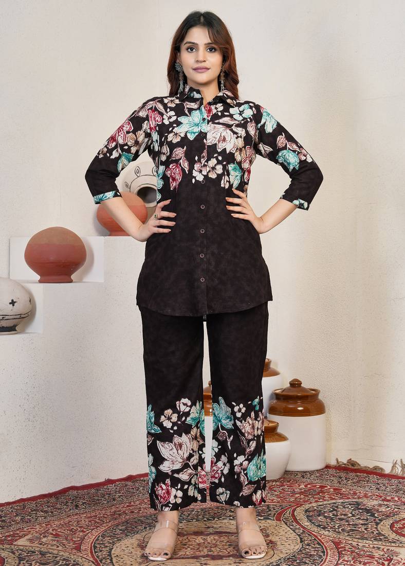 Women chocolate brown floral printed shirt and trousers co-ord set
