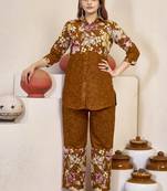 Women mustard yellow floral printed shirt and trousers co-ord set