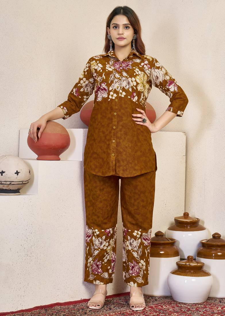 Women mustard yellow floral printed shirt and trousers co-ord set