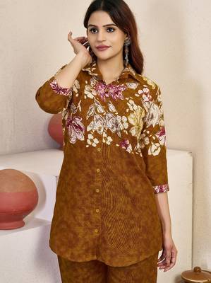 Women mustard yellow floral printed shirt and trousers co-ord set 2