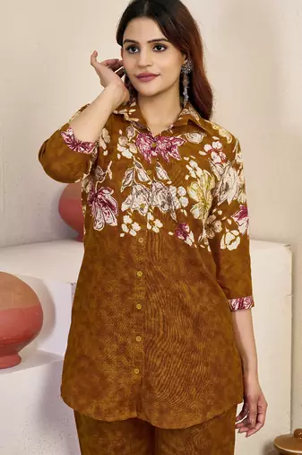 Women mustard yellow floral printed shirt and trousers co-ord set