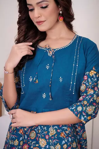 Teal blue floral printed short kurta with straight pants co-ord set