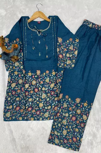Teal blue floral printed short kurta with straight pants co-ord set