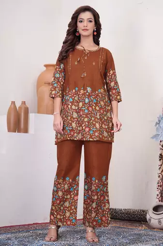 Brown floral printed short kurta with straight pants co-ord set