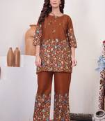 Brown floral printed short kurta with straight pants co-ord set