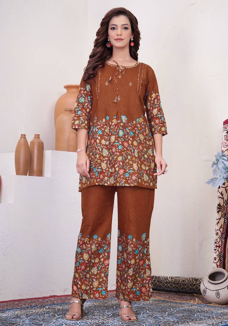 Brown floral printed short kurta with straight pants co-ord set