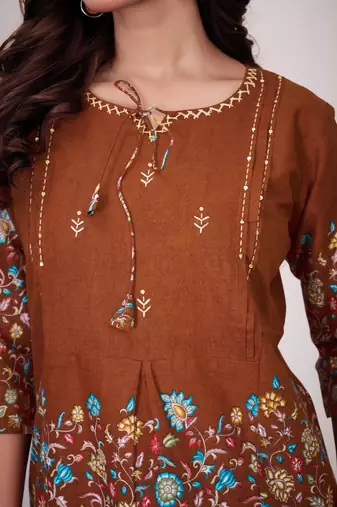 Brown floral printed short kurta with straight pants co-ord set