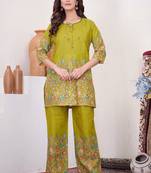 Olive green floral printed short kurta with straight pants co-ord set