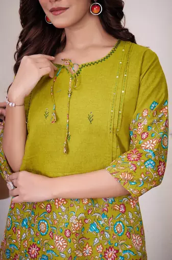 Olive green floral printed short kurta with straight pants co-ord set