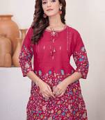 Rani pink floral printed short kurta with straight pants co-ord set