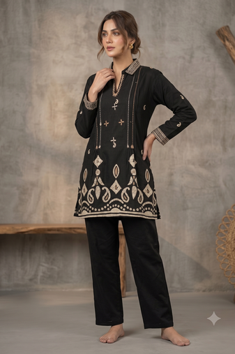 Women black printed cotton kurti with trousers co-ord set