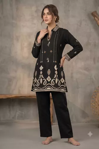 Women black printed cotton kurti with trousers co-ord set