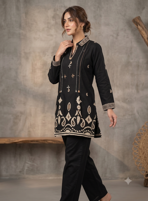 Women black printed cotton kurti with trousers co-ord set 2