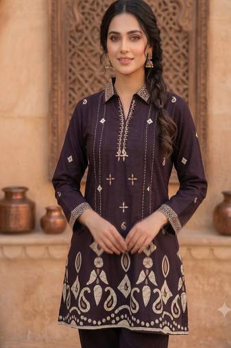 Women wine printed  cotton kurti with trousers co-ord set