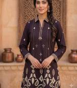 Women wine printed  cotton kurti with trousers co-ord set