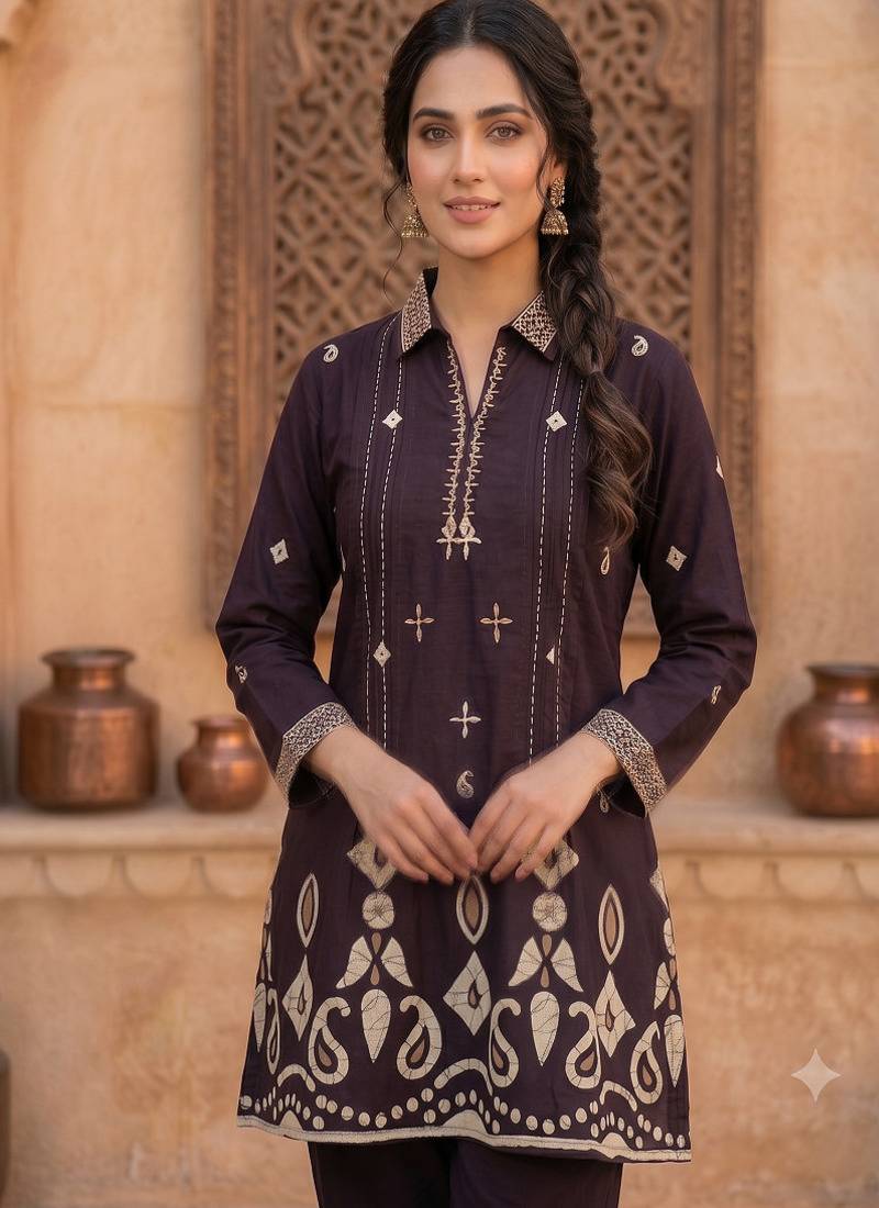 Women wine printed  cotton kurti with trousers co-ord set