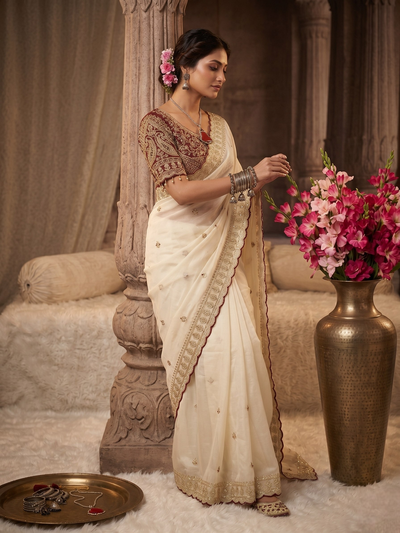 Premium off white saree with intricate embroidery & maroon heavy work blouse