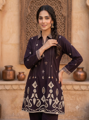 Women wine printed cotton kurti with trousers co-ord set 2