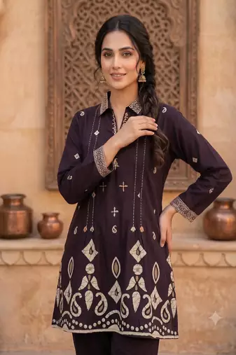 Women wine printed cotton kurti with trousers co-ord set