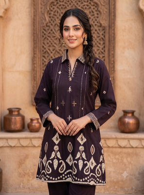 Women wine printed cotton kurti with trousers co-ord set 3