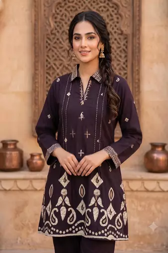Women wine printed cotton kurti with trousers co-ord set
