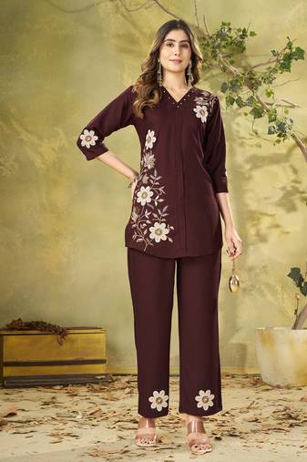 Women coffee brown embroidered tunic & pant co-ord set