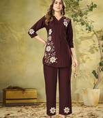 Women coffee brown embroidered tunic & pant co-ord set