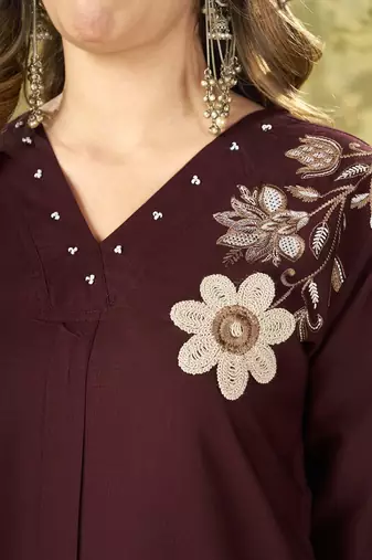 Women coffee brown embroidered tunic & pant co-ord set