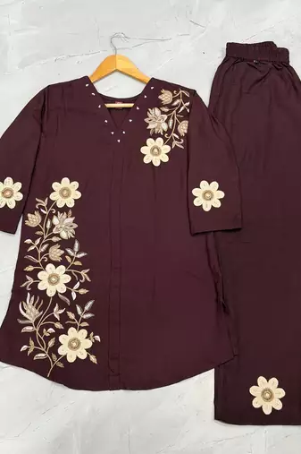 Women coffee brown embroidered tunic & pant co-ord set