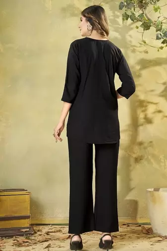 Women jet black embroidered tunic & pant co-ord set