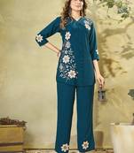 Women teal blue embroidered tunic & pant co-ord set