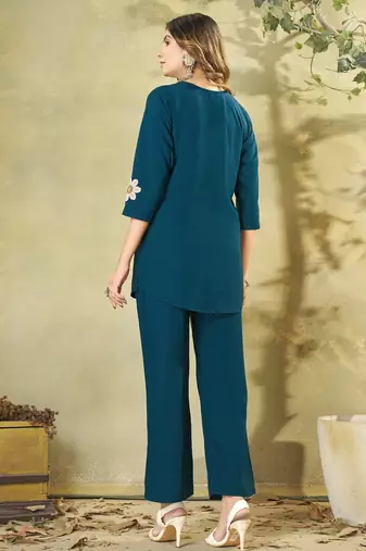 Women teal blue embroidered tunic & pant co-ord set