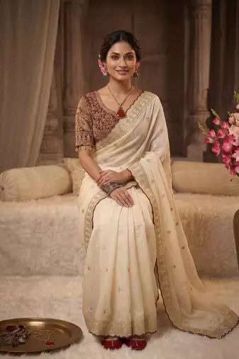 Premium off white saree with intricate embroidery & maroon heavy work blouse