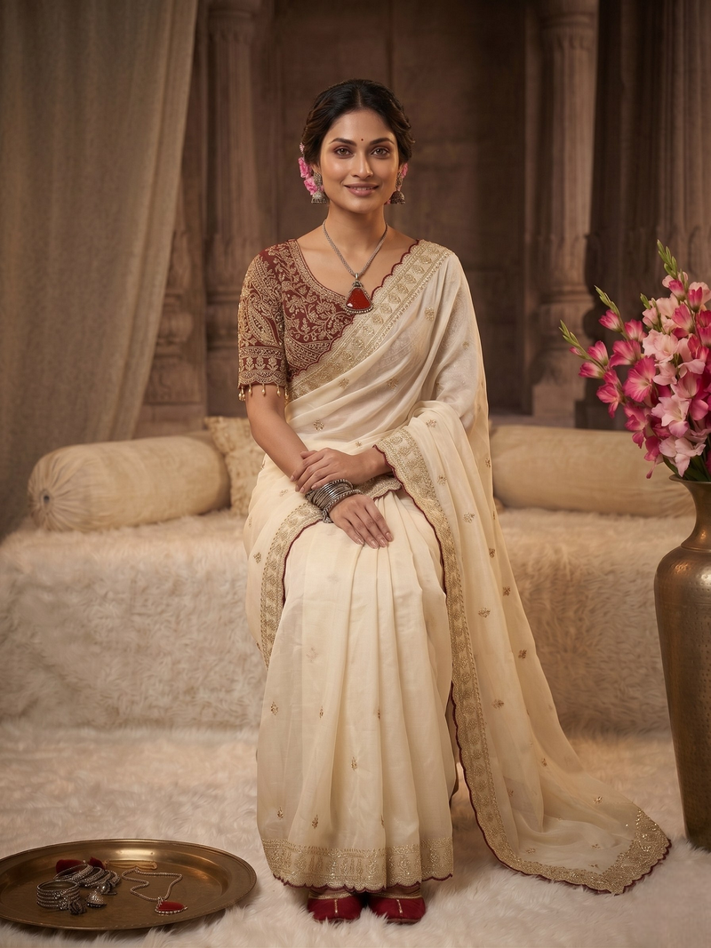 Premium off white saree with intricate embroidery & maroon heavy work blouse