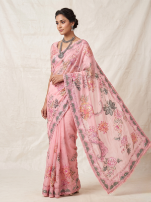 Premium floral print saree in dusty pink with stylish blouse 1