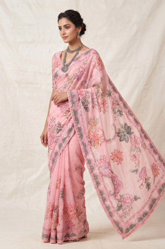 Premium floral print saree in dusty pink with stylish blouse