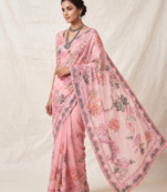 Premium floral print saree in dusty pink with stylish blouse