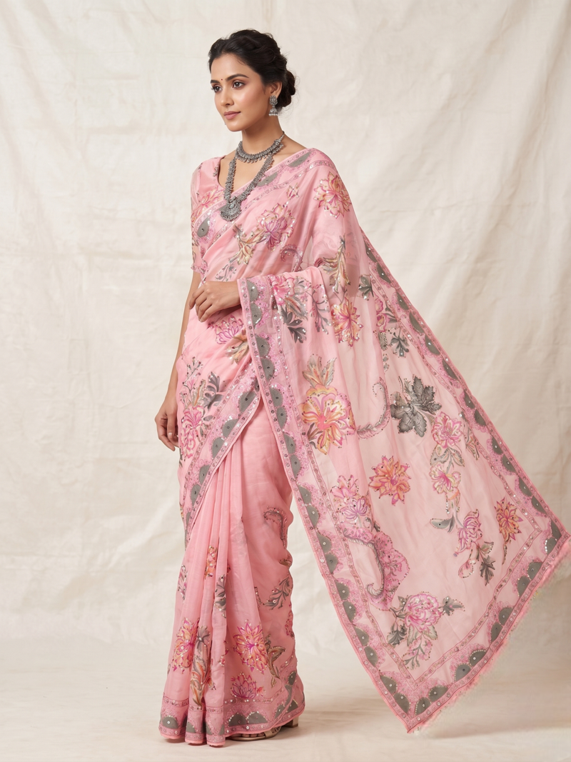 Premium floral print saree in dusty pink with stylish blouse