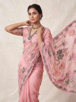 Premium floral print saree in dusty pink with stylish blouse 2