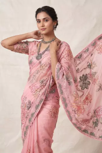 Premium floral print saree in dusty pink with stylish blouse