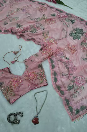 Premium floral print saree in dusty pink with stylish blouse