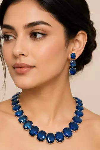 Blue ad stone rhodium-plated necklace set with earrings